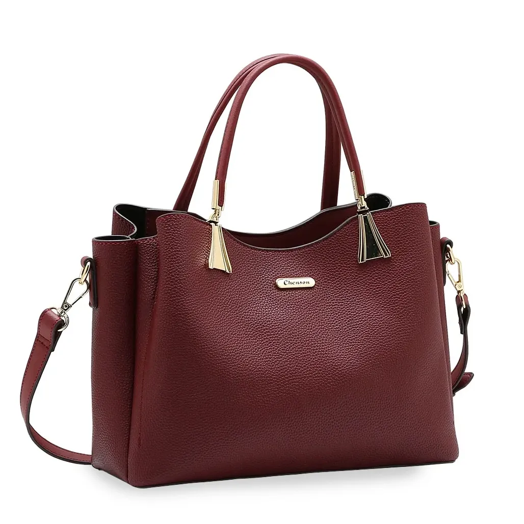 Bolsa feminina Chenson vinho contemporânea em material sintético texturizado com detalhes dourados